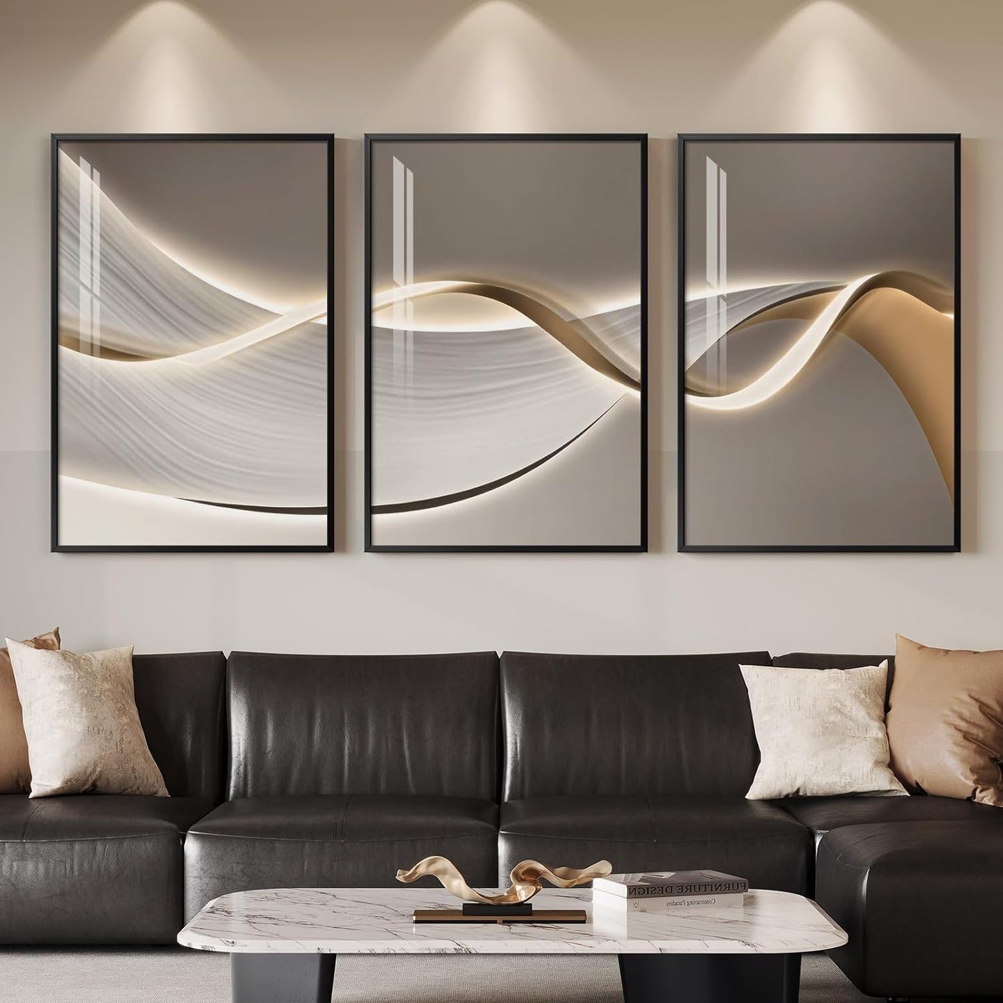 Framed Modern Luxury Gold Wall Art, Set of 3 Piece Contemporary Paintings Artwork for Walls, Golden Prints Pictures with Gold Frame, Wall Decor for Living Room, Hallway, Bedroom, Office 16x24 Inch