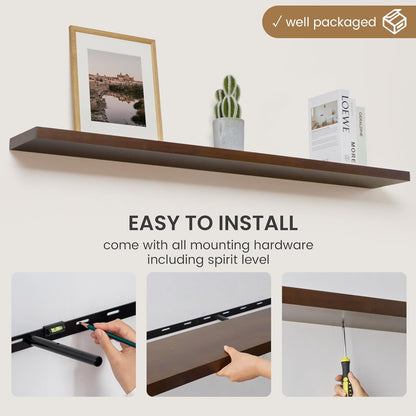 Floating Shelves 36 Inches Long - 8 Inch Deep Rustic Premium Solid Pine Wood for Storage - Farmhouse Wall Mounted for Living Room - Heavy-Duty Metal Bracket - 36" W x 8" D - Set of 2 - White Color