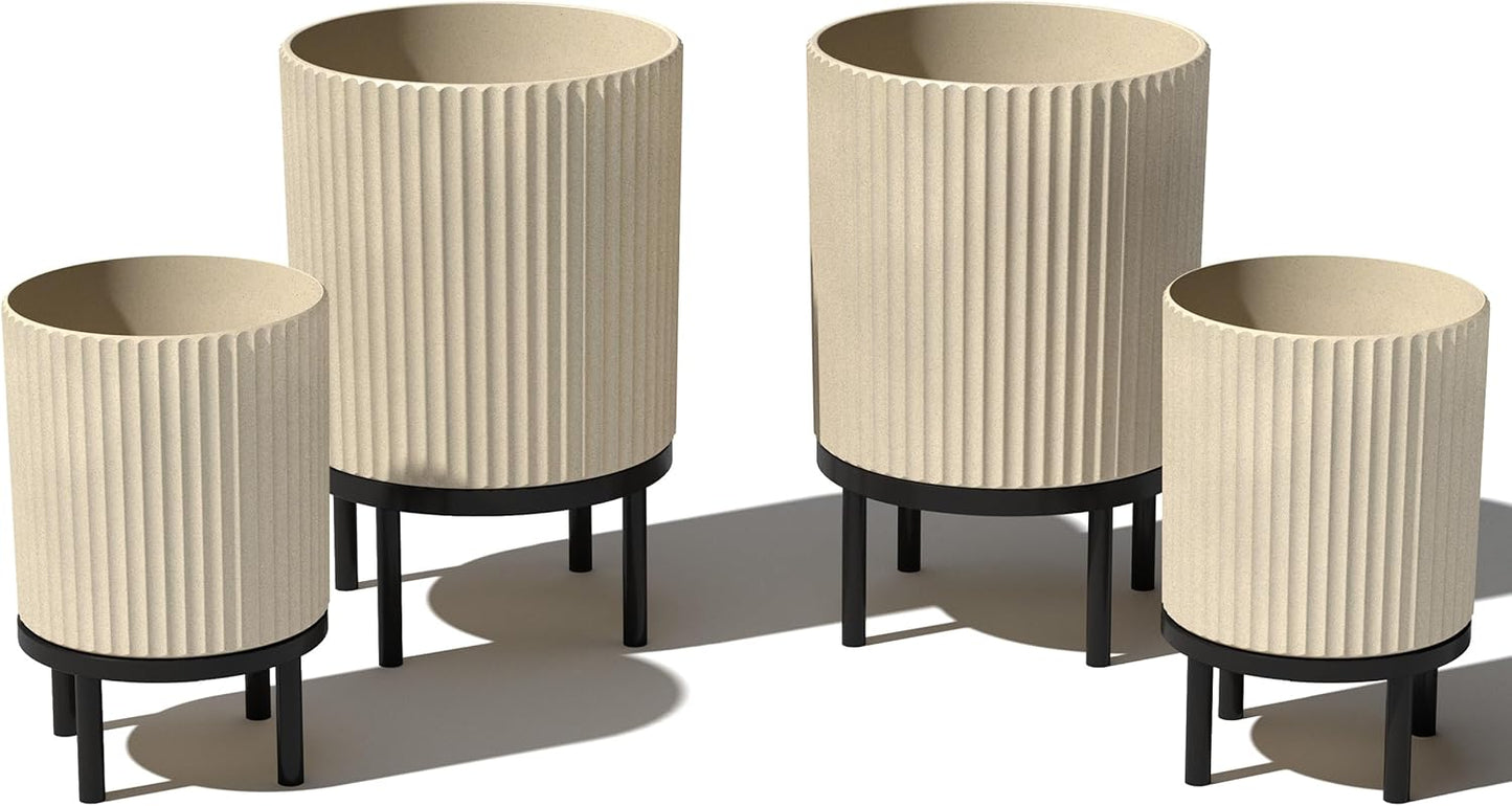 Veradek Demi Series Round Planter w/ Stand for Porch/Patio | Durable Plastic-Concrete & Wooden Stand | Modern Décor for Tall Plants, Flowers