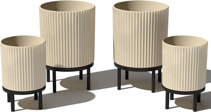 Veradek Demi Series Round Planter w/ Stand for Porch/Patio | Durable Plastic-Concrete & Wooden Stand | Modern Décor for Tall Plants, Flowers