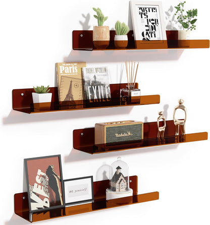 upsimples Acrylic Shelves for Bathroom Storage, 15" Floating Shelves Wall Organizer for Perfume, Make up, Skincare, Kids Bookshelf for Bedroom, Nursery, Living Room Decor, Clear, 4 Pack