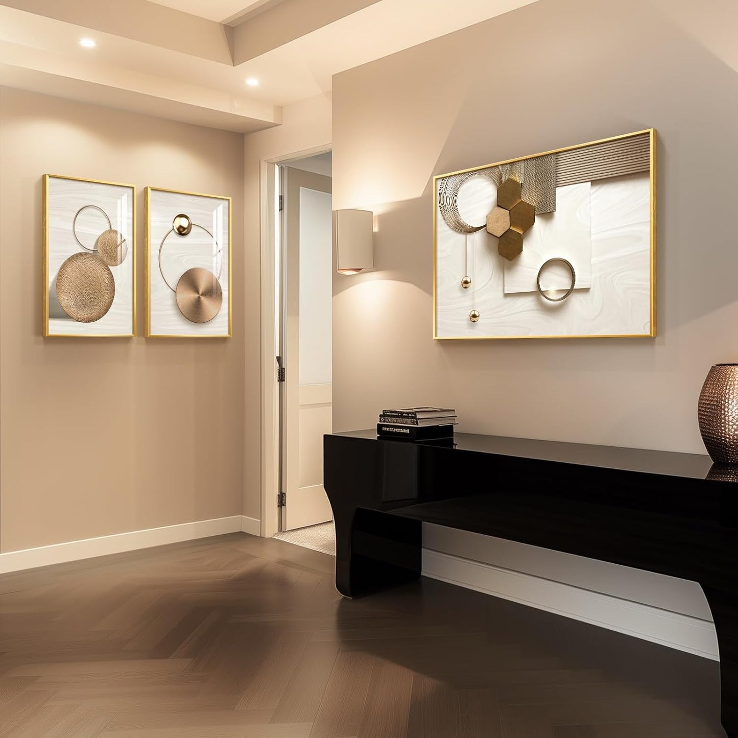 Framed Modern Luxury Gold Wall Art, Set of 3 Piece Contemporary Paintings Artwork for Walls, Golden Prints Pictures with Gold Frame, Wall Decor for Living Room, Hallway, Bedroom, Office 16x24 Inch