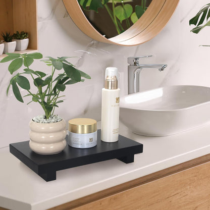 Wooden Pedestal Stand Black Bathroom Counter Organizer Tray Decor Farmhouse Wood Risers Small Hand Soap Dish Dispenser Holder for Kitchen Sink Modern Bathroom Vanity Accessories Decorative Tray