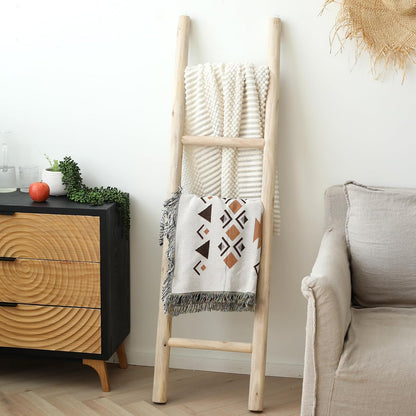 FUIN 57in Wood Blanket Ladder Living Room Decorative Wall Leaning Farmhouse Quilt Display Holder Rustic Wooden Towel Rack for Bathroom, Brown