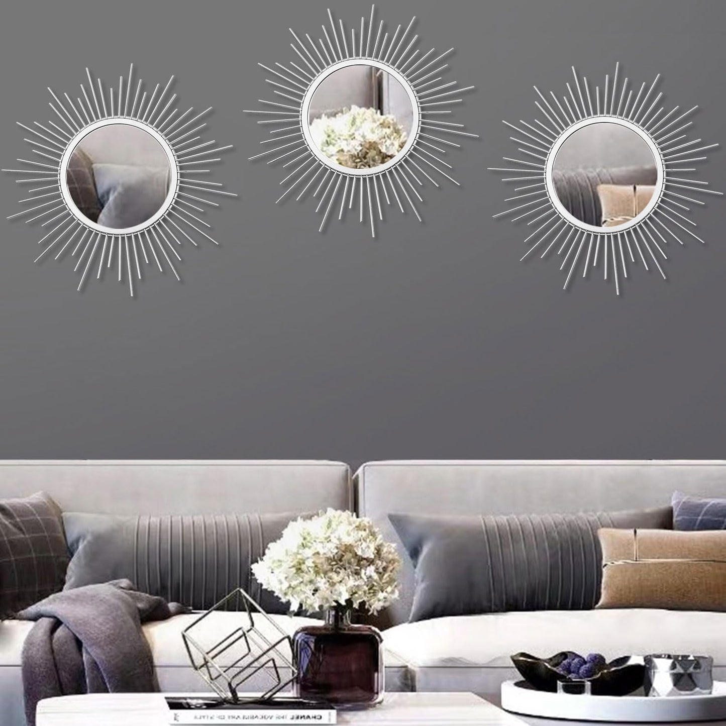 3 Pack Metal Mirrors for Wall Sunburst Wall Mirrors Home Décor Decorative Hanging Wall Art for Living Room Bedroom Entryway (Gold, Flower+Sunburst)