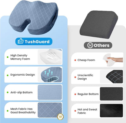 TushGuard Seat Cushion - Memory Foam Cushion for Office Chair, Car Seat, Airplane, Bleacher - Sciatica & Hip & Coccyx Pain Relief Desk Chair Cushion for Long Sitting Office Workers, Car Drivers