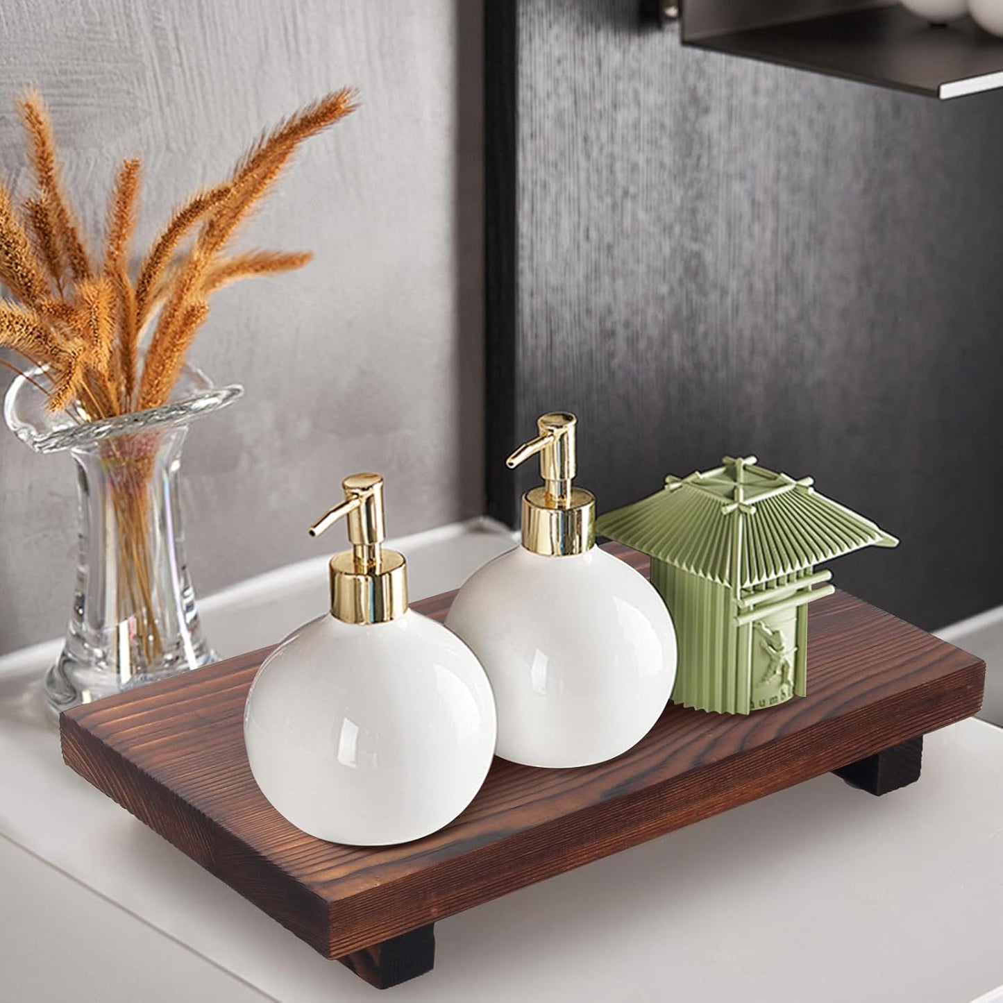 Wooden Pedestal Stand Black Bathroom Counter Organizer Tray Decor Farmhouse Wood Risers Small Hand Soap Dish Dispenser Holder for Kitchen Sink Modern Bathroom Vanity Accessories Decorative Tray