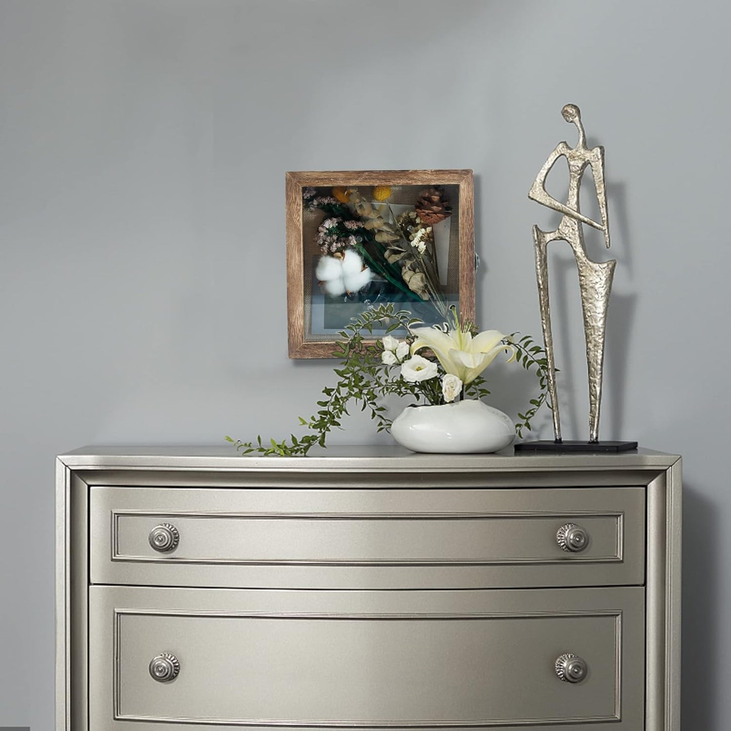 GraduationMall 13x16 Wood Shadow Box Frame Glass Door Display Case with Linen Back and 6 Stick Pins,1.5 inches Interior Depth,Ideal for Memorabilia Pictures Flowers Medals Tickets Rustic White