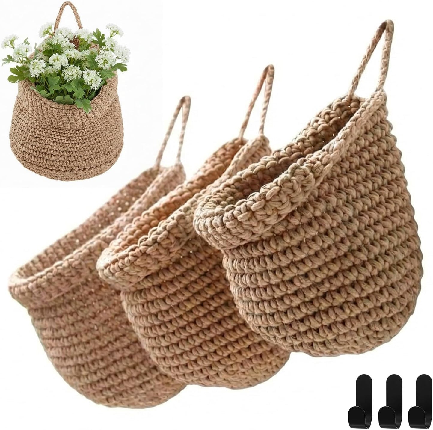 Honeydak Boho Decor Hanging Wall Baskets for Kitchen 3 Pack Teardrop Baskets with Hooks Storage Fruit Onion Vegetable Potato for Home 3 Sizes(Linen,Teardrop,Jute)