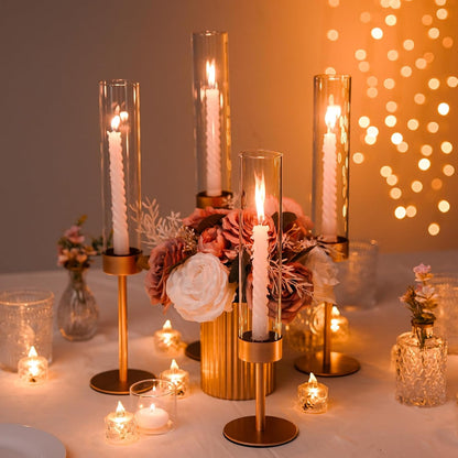 Glass Hurricane Candlestick Holders Gold - Romadedi Taper Candle Holder Tall Clear Glass Cylinder Table Centerpiece Wedding Decor Party Birthday Christmas Home Decorations Set of 3