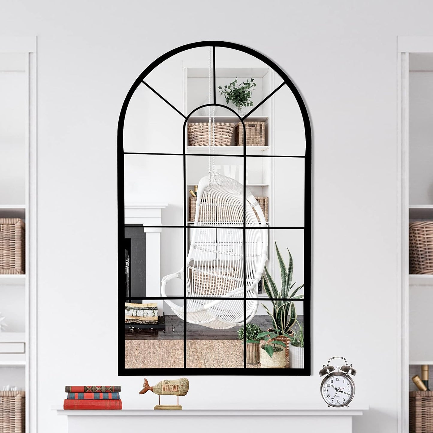HQiJun Black Arched Window Mirror, Farmhouse Decorative Wall Mirrors for Living Room, Bedroom, Entryway, Bathroom Vanity, Fireplace Mantel, Window Pane Mirror Wall Decor (Black, 31.5 x 20 x1)