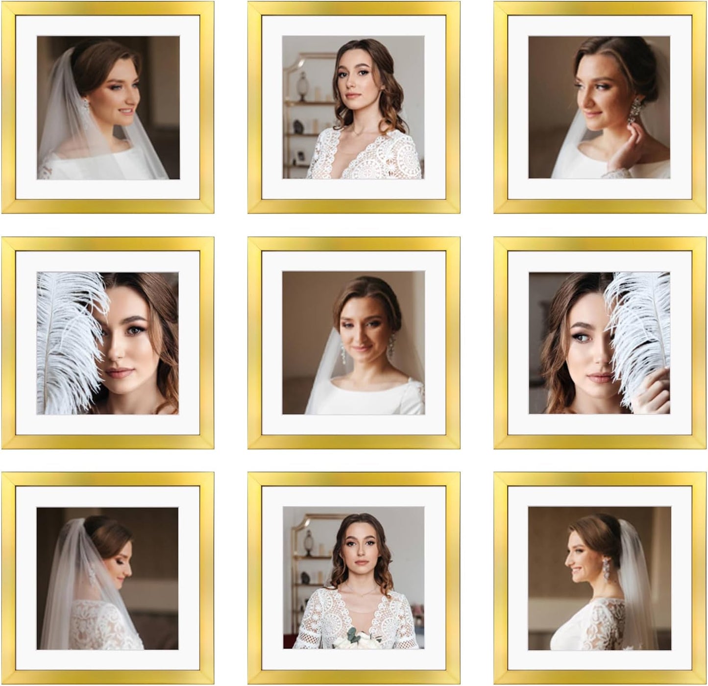 12x12 Picture Frame Set of 9, Display Pictures 8x8 with Mat or 12x12 without Mat, Multi Collage Gallery Square Photo Frames for Wall or Tabletop, Black
