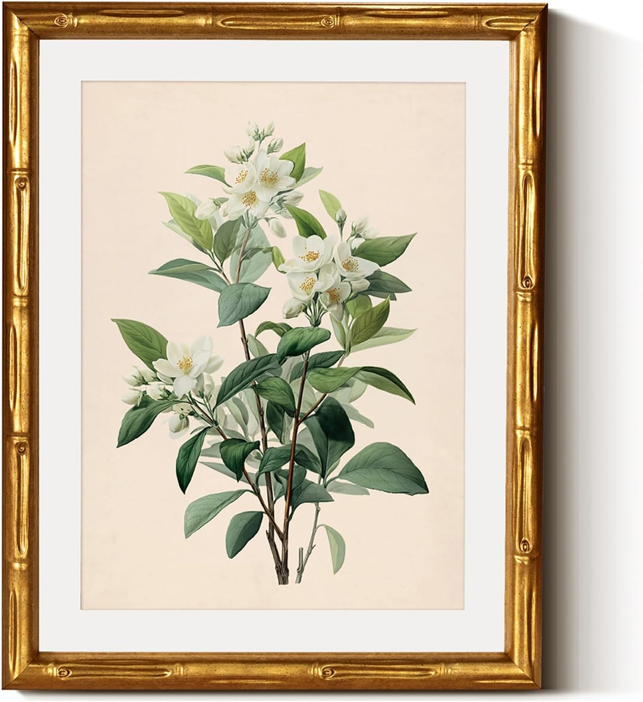 InSimSea Gold Bamboo Framed Canvas Wall Art, Retro Blue Hydrangea Botanical Prints, Antique Flowers Picture Frame with Mat, Victorian Home Wall Decor for Kitchen Living Room Bedroom, 11x14inch
