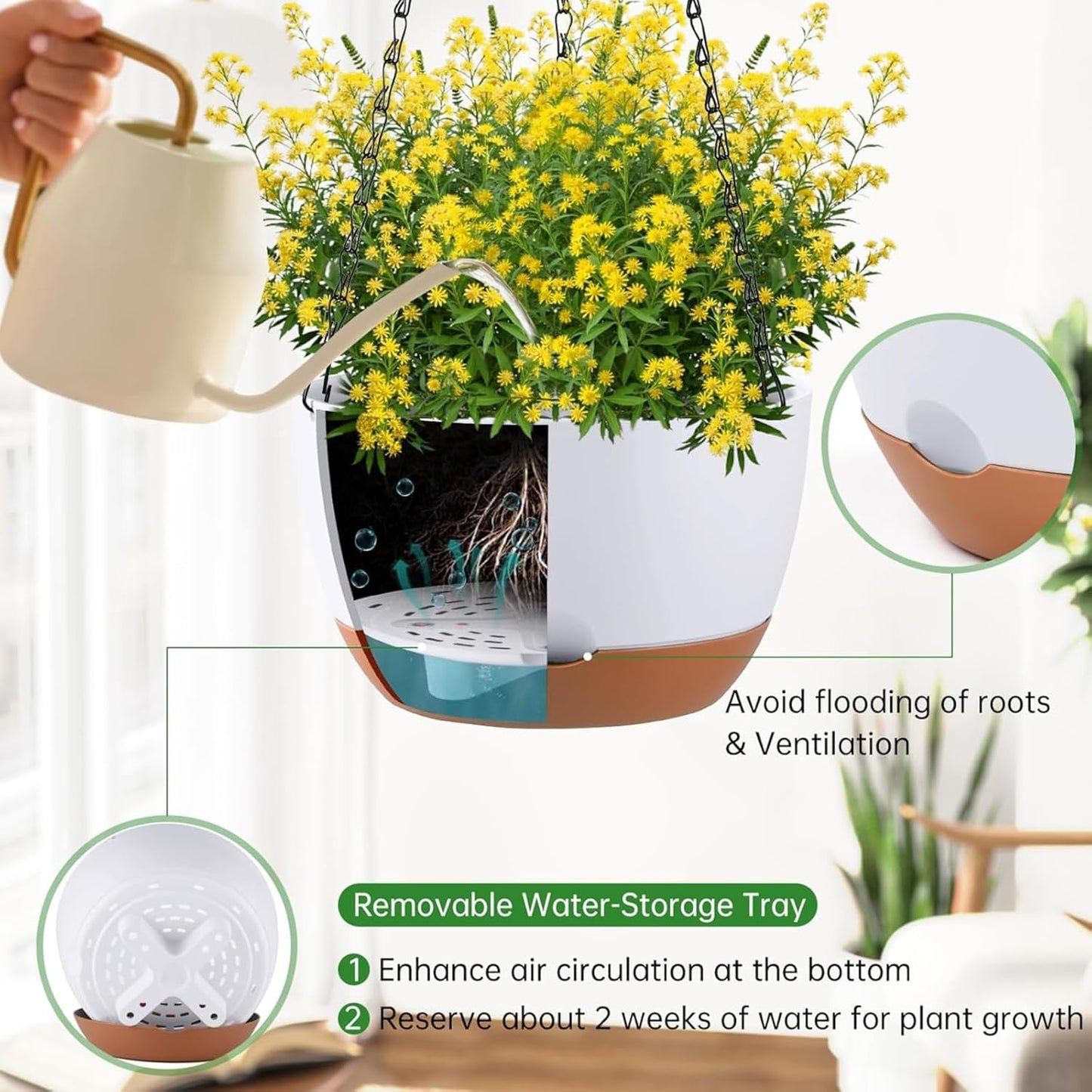 Set of 2 Hanging Planters for Indoor Outdoor Plants, 8 Inch Self-Watering Hanging Flower Pots with Drainage Hole & Removable Water-Storage Tray (Hooks)