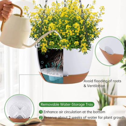 Set of 2 Hanging Planters for Indoor Outdoor Plants, 8 Inch Self-Watering Hanging Flower Pots with Drainage Hole & Removable Water-Storage Tray (Hooks)