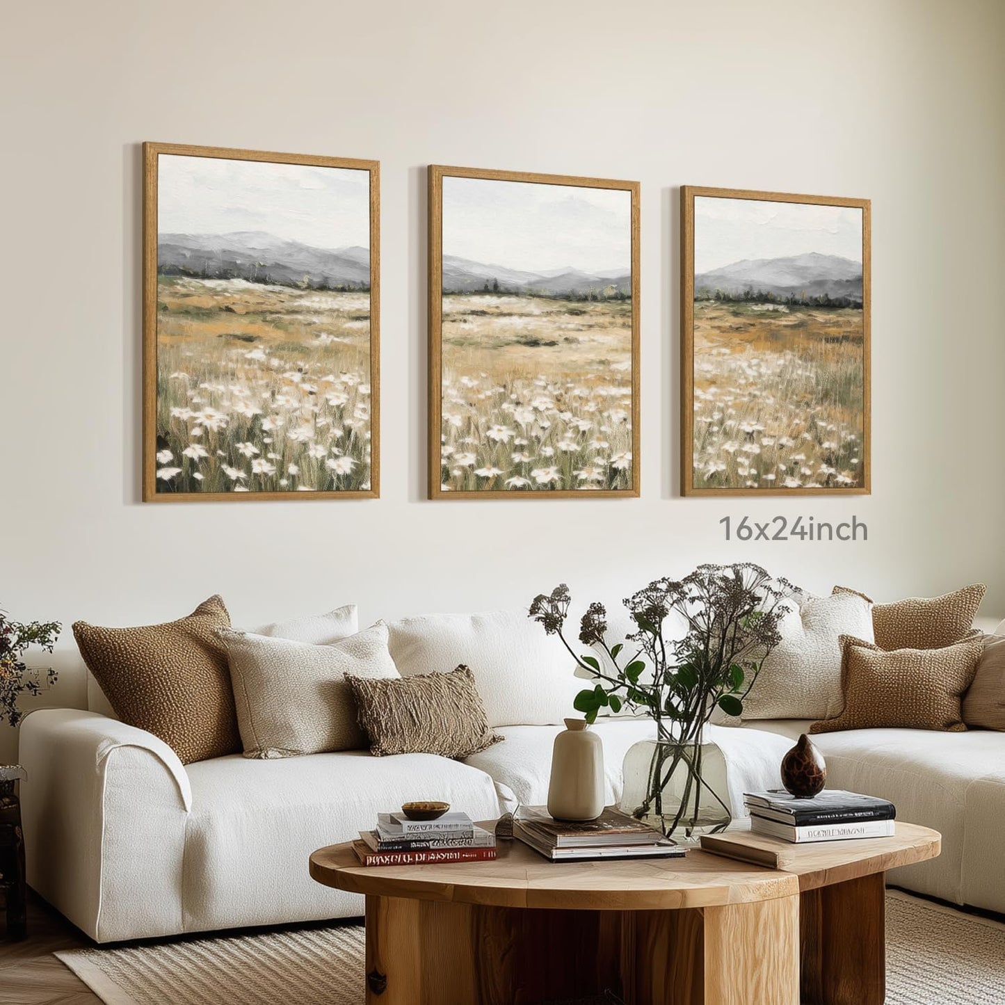 CAZLOUC White Wildflowers Wall Art Set of 3, Neutral Meadow Landscape Wall Decor, Minimalist Mountain Canvas Prints, Beige Rustic Field Paintings for Living Room Bedroom Wood Framed 12x16 Inch