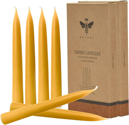 Natural Beeswax Taper Candles, DEYBBY Smokeless and Dripless Beeswax Candles, Long Lasting Burning, Nontoxic, 8 inch, 6 Pack