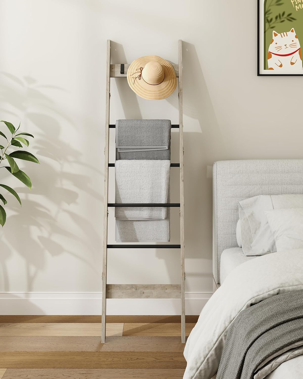 Hzuaneri Blanket Ladder for Living Room, Decorative Quilt Rack with 4 Removable Hooks, 5-Tier Farmhouse Ladder Holder Shelf Organizer for Bedroom, Rustic Brown and Black 02101BBR