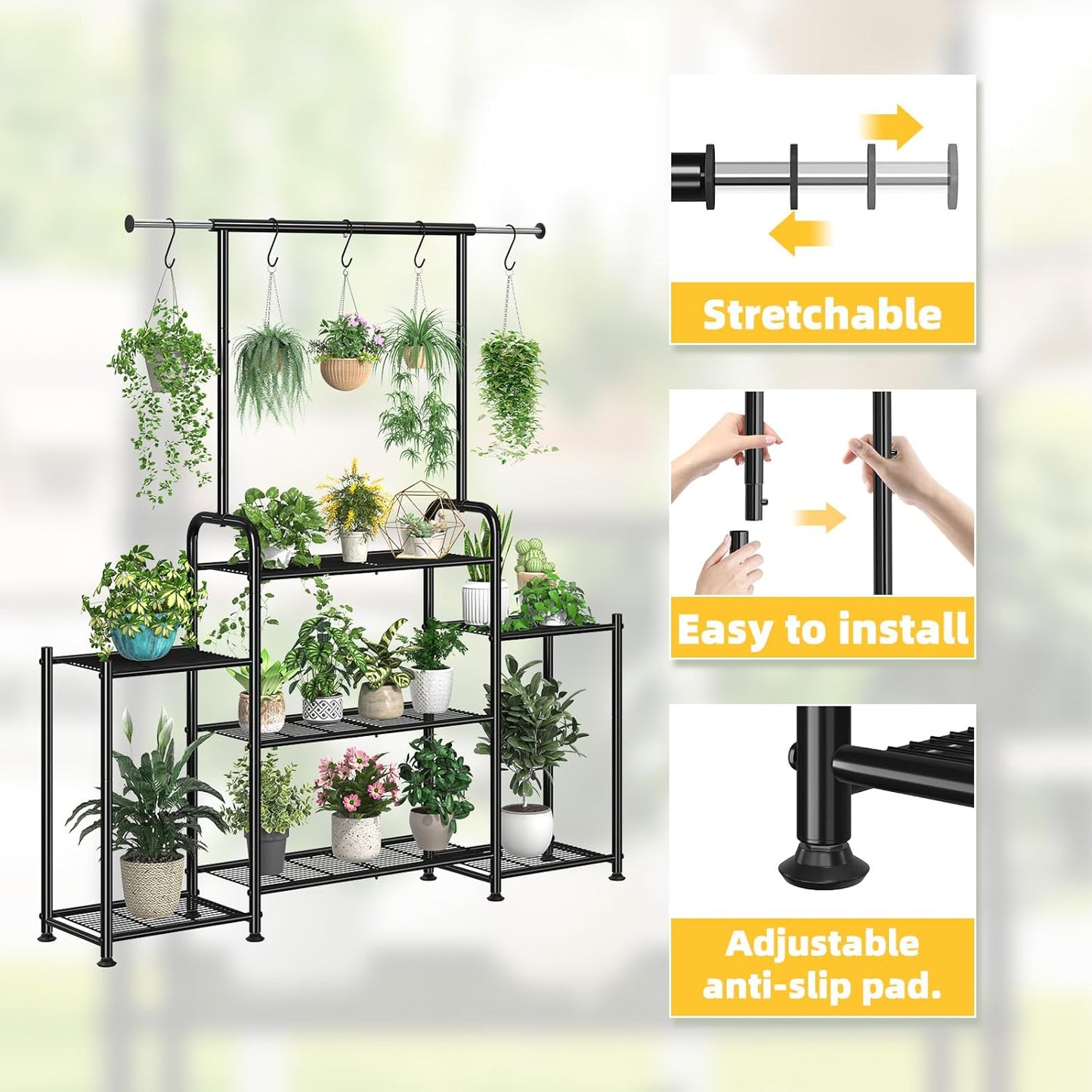Simple Trending Plant Stand Indoor Outdoor, Heavy Duty Metal 3 Tiered Hanging Plant Shelf for Multiple Flower Planter Holder Tall Large Rack for Living Room Garden Balcony, Black