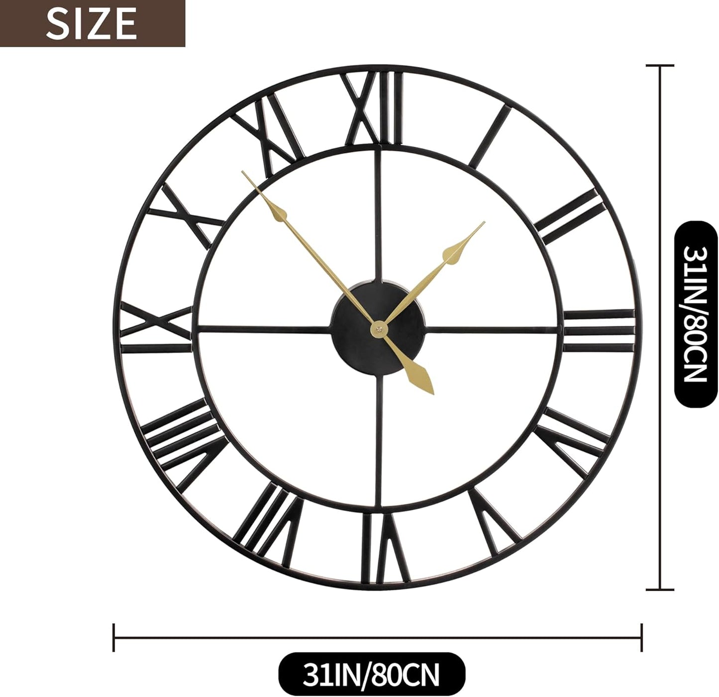 LEIKE 16" Large Wall Clocks Battery Operated, Round Modern Silent Non-Ticking Black Metal Wall Clock for Living Room Decor, Bedroom Kitchen (40cm Diameter, Black Roman Number)