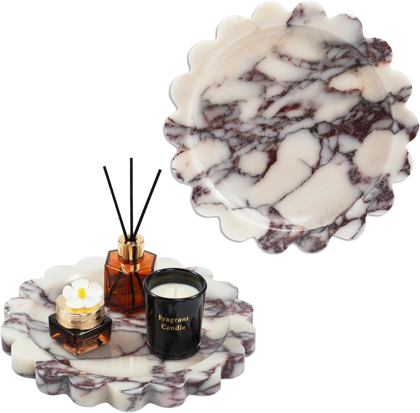 Marble Perfume Tray with Legs - Oval Decorative Stone Pedestal for Bathroom Vanity Coffee Table Kitchen Countertop, Footed Jewelry Candle Organizers Catchall Plate Riser with Scalloped Feet