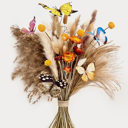 Pampas Grass Decor - Dried Flower Bouquet for Western Boho Decor, Floral Arrangement with Bunny Tail, Pampas Grass & Butterfly for Vase, Moody Decor, Wedding, Bedroom Table Centerpiece Wall Décor