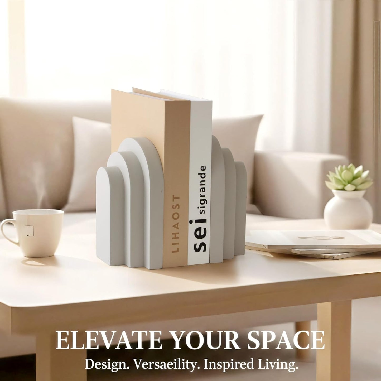 LIN CHUAN Heavy Duty Bookends for Shelves, 6.6 LBS Heavy Book Ends for Heavy Books, Decorative Modern Bookends with Faux Sandstone Look, Layered Arch Book Stopper for Bookshelf Holder Set of 2, Beige