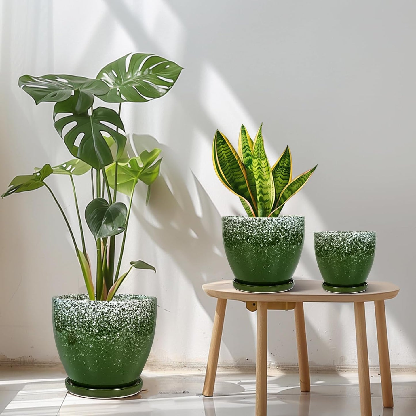 Plant Pots Indoor, Ceramic Planters Pots with Drainage Holes and Saucers, 10+8+6 Inch, Set of 3, Round Large Flower Pots for Indoor Outdoor Plants, Blue