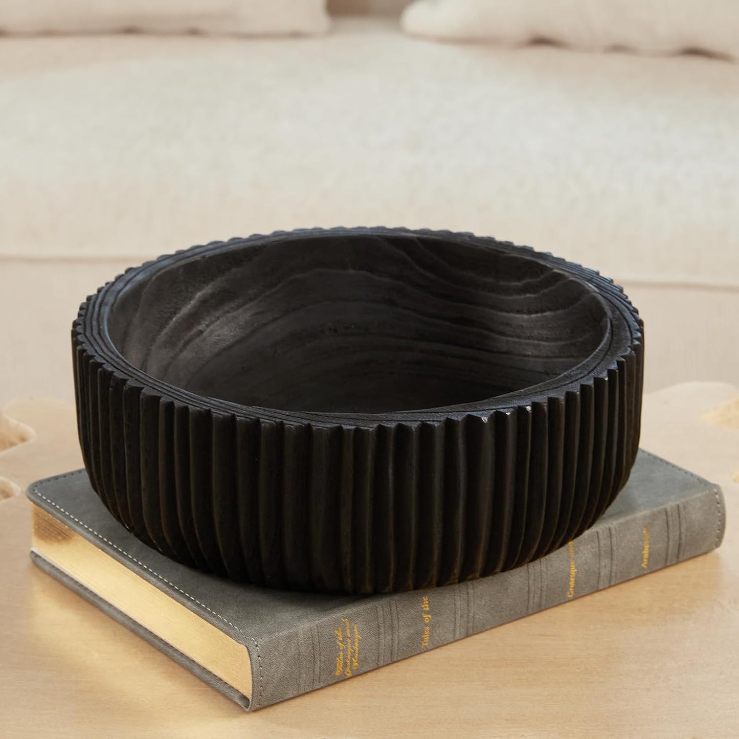 DN DECONATION Oak Wood Black Decorative Bowl-9.25x5.51 Inch Small Bowl for Entryway Key, Fruit, Candy with feet, Boho Farmhouse Home Decor for Dining Room, Coffee Table Centerpiece