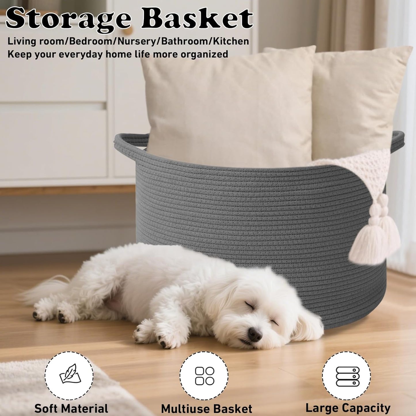 Large Woven Blanket Basket,65L Cotton Rope Laundry Basket Hamper with Handles, Decorative Nursery Basket Storage Bin for Toys, Clothes Organizer, Living Room, Bedroom, Bathroom, White & Brown