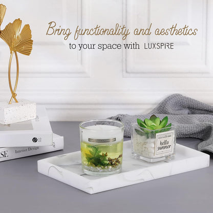 Luxspire Bathroom Vanity Tray, 8 x 4 inch Resin Kitchen Sink Tray for Soap Dispenser Bathroom Countertop Organizer Plate Holder for Perfume Soap Towel Bathroom Accessories, Mini, White Marble