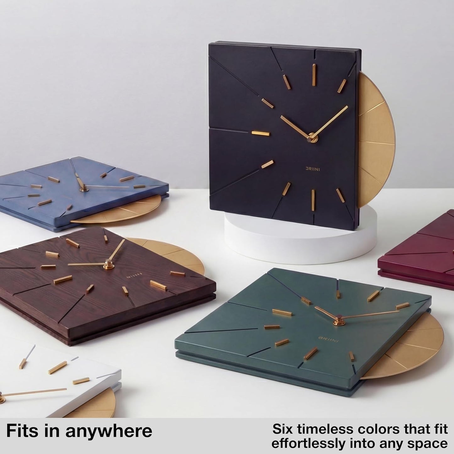 Driini Clocks Mid Century Modern Wall Clock - Square Green Clock with Decorative Gold Accent- Unique and Cool Clock, Battery Operated - MCM Decor & Decorative Wall Clock for Mid Century Modern Decor.