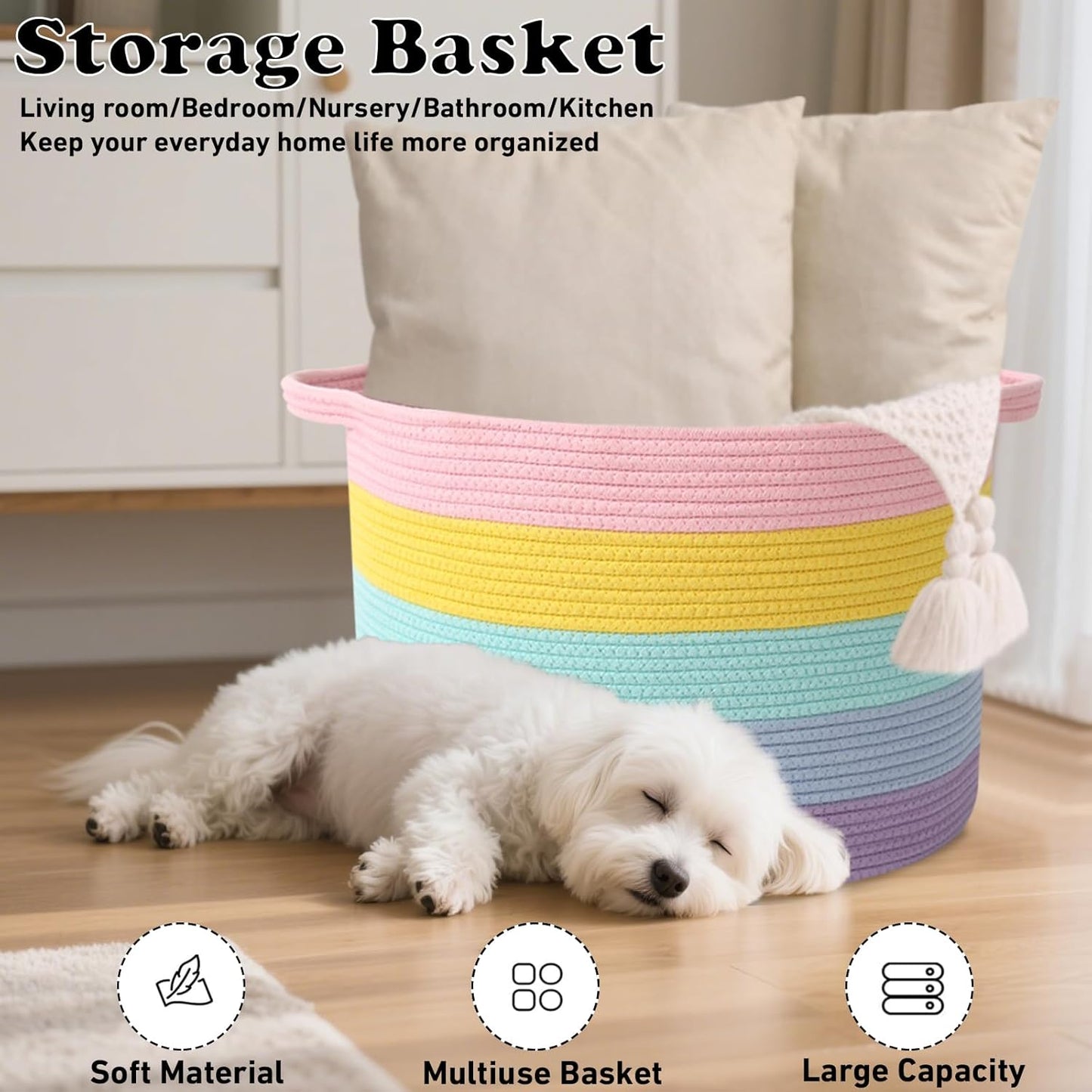 Large Woven Blanket Basket,65L Cotton Rope Laundry Basket Hamper with Handles, Decorative Nursery Basket Storage Bin for Toys, Clothes Organizer, Living Room, Bedroom, Bathroom, White & Brown