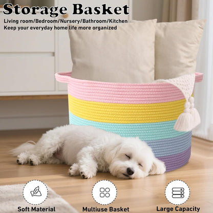 Large Woven Blanket Basket,65L Cotton Rope Laundry Basket Hamper with Handles, Decorative Nursery Basket Storage Bin for Toys, Clothes Organizer, Living Room, Bedroom, Bathroom, White & Brown