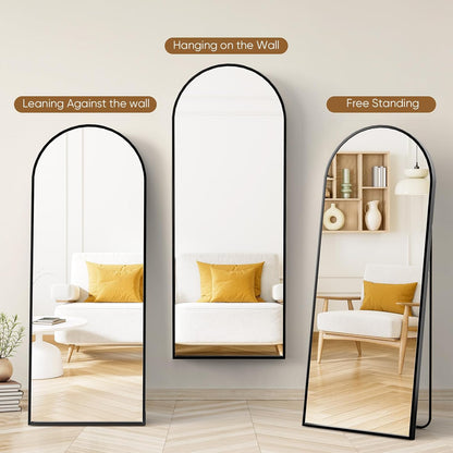 OLIXIS Black Arched Full Length Mirror 60"x16" for Bedroom, Full Body Mirror with Stand, Hanging or Leaning for Wall, Aluminum Alloy Thin Frame Floor Standing for Living Room