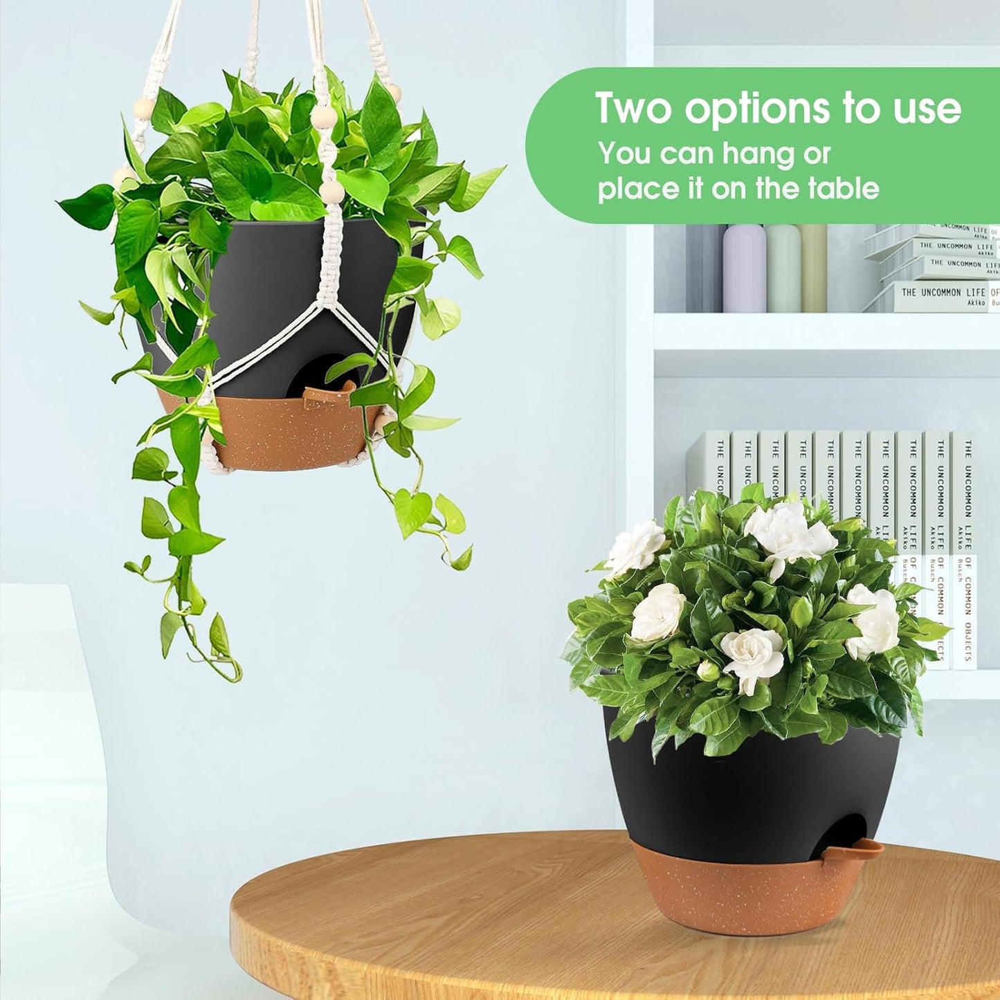 Vanslogreen Hanging Planters for Indoor Outdoor Plants, 2 Pack Self Watering Hanging Pot with Drainage Holes & Removable Tray (Black, 8'')