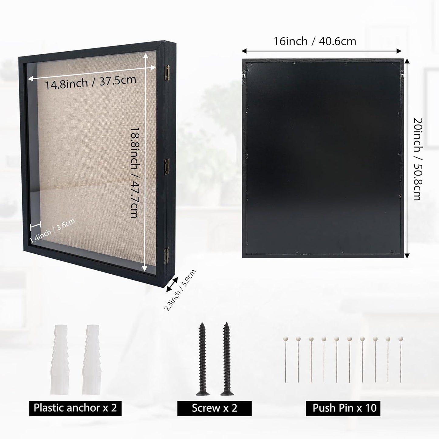 GraduationMall 13x16 Wood Shadow Box Frame Glass Door Display Case with Linen Back and 6 Stick Pins,1.5 inches Interior Depth,Ideal for Memorabilia Pictures Flowers Medals Tickets Rustic White