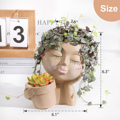 vomiceak Face Planter Pots Head, Planters for Indoor Plants - Double Cute Plant Pots for Flower & Succulent with Drainage Holes - Gift Ideas for Women (White Lady)
