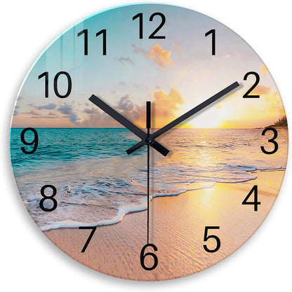 Beach Wall Clock Battery Operated 12 Inch Glass Wall Clock Non Ticking Analog Blue Wall Clocks for Bedroom Living Room Office Decor