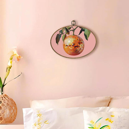 Trendy Funky Orange Disco Ball Oval Wall Art Framed, Funky Retro Oval Wall Decor, Trendy Aesthetic Hanging Canvas Prints Wall Sculptures for Home Living Room Bedroom Decor, 8.5x11.5 Inch