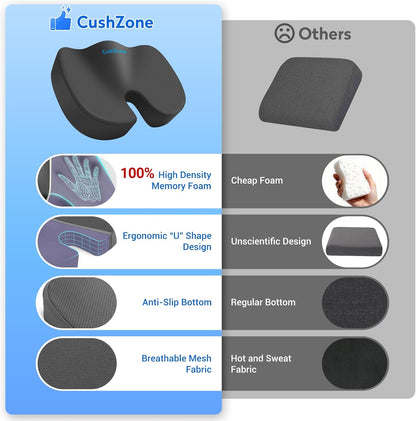 CushZone Seat Cushion - Memory Foam Office Chair Cushion for Sciatica, Tailbone & Back Pain Relief - Orthopedic Coccyx Pillow for Car, Airplane, Pregnancy & Long Sitting at Work, Black