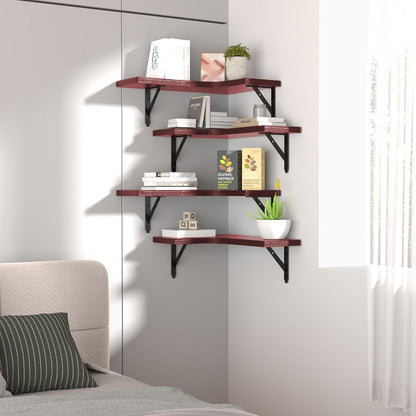 ROMGUAR CRAFT Corner Floating Shelves Wall Mounted Set of 4, Rustic Wood Storage Display Shelves for Home Decor, Bathroom, Kitchen, Bedroom, Living Room, Office (Black)