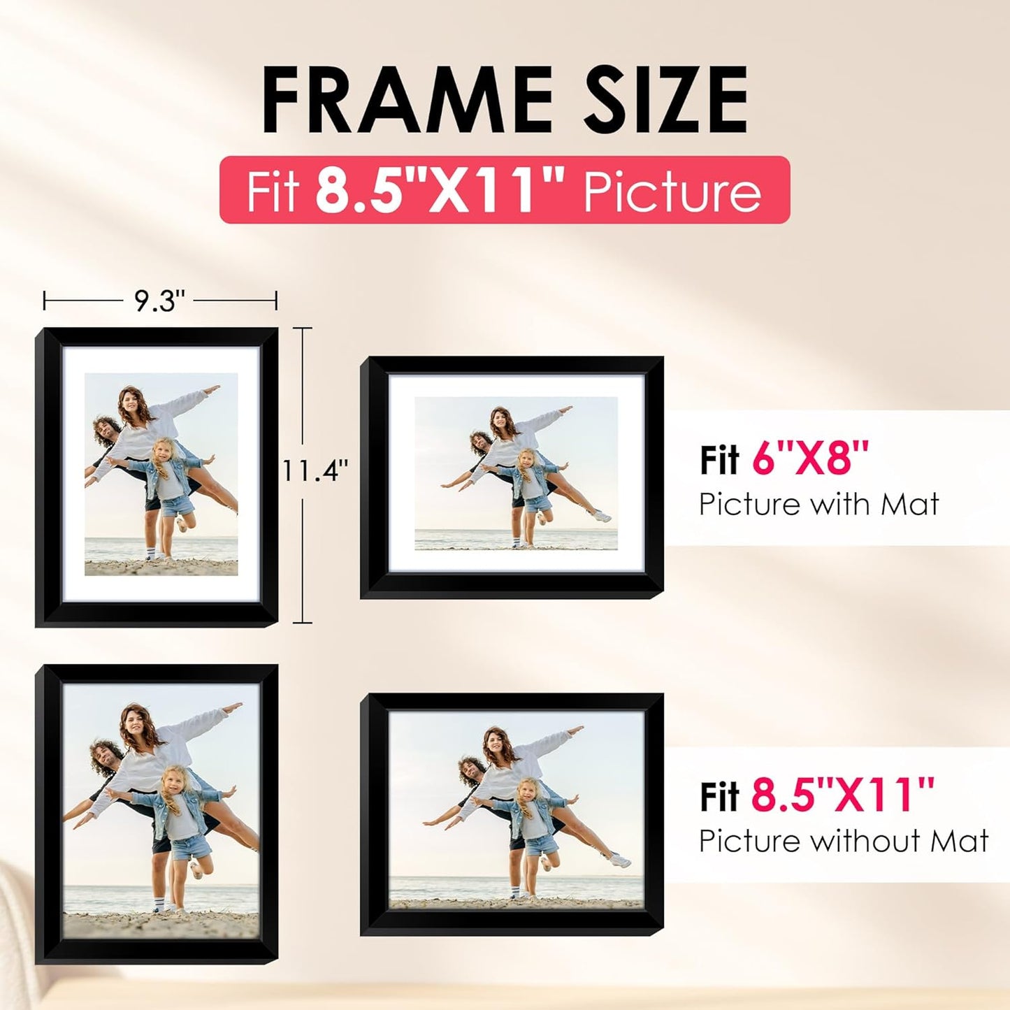 FIXSMITH 8x10 Picture Frame Set of 2, Photo Frame with HD Plexiglass, Display Pictures 5x7 with Mat or 8x10 Without Mat Multi Picture Frames Collage for Tabletop or Wall Display, Black