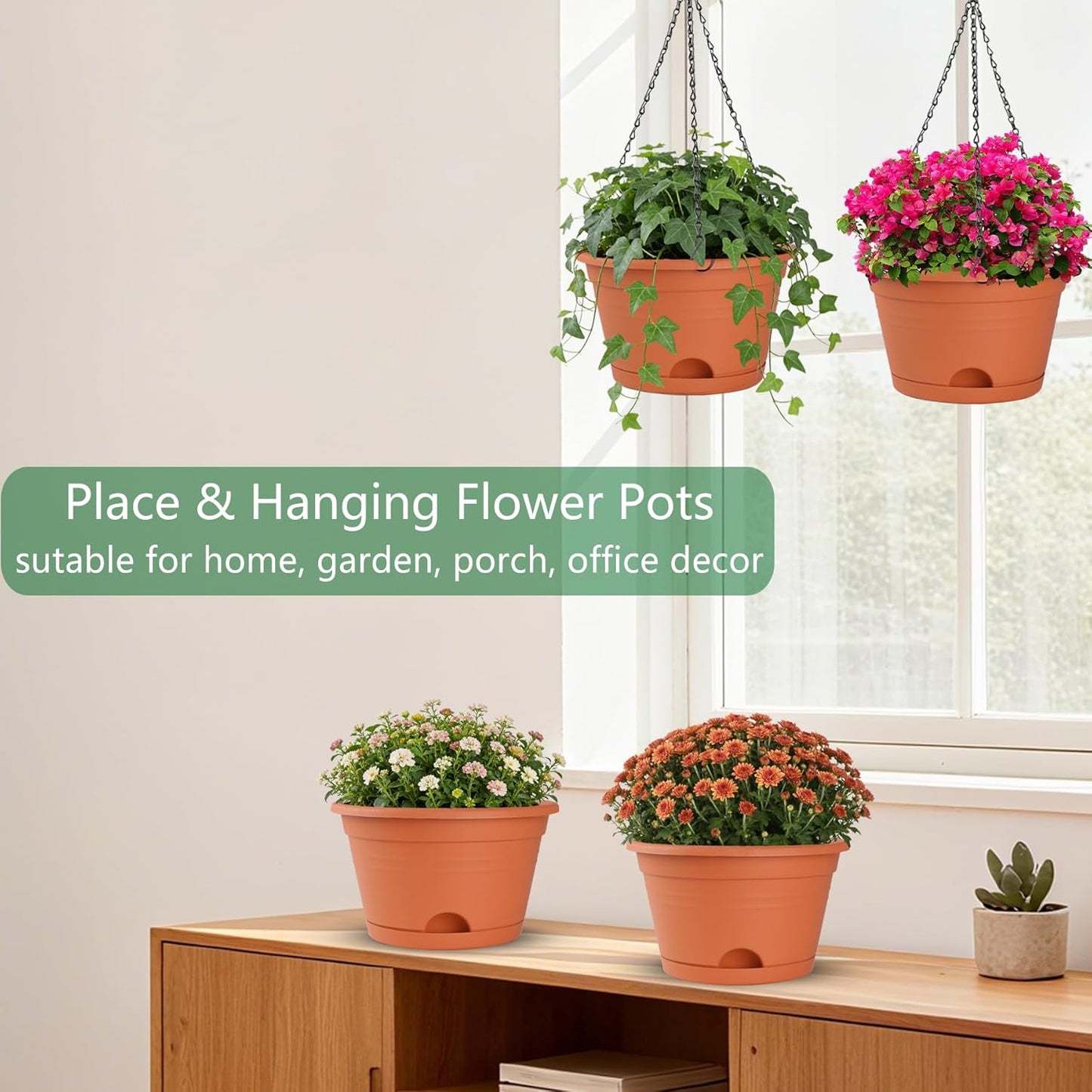 Nooulap 4 Pack Hanging Planters, 10 Inch Hanging Plant Pot with Hanger Chain & Drainage Trays, Hanging Baskets for Plants Outdoor Indoor, Flowers Pots for Home, Garden, Porch Decor (Black)