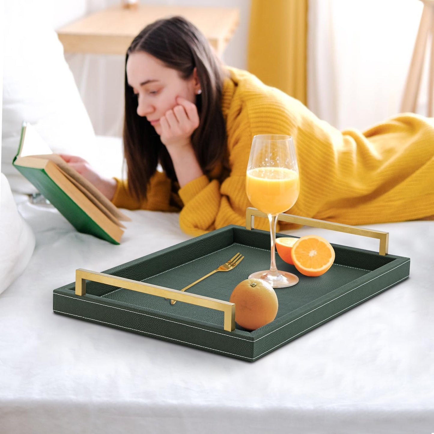 XIGEXIGE Ivory Shagreen Decorative Tray Large Rectangle Coffee Table Tray for Ottoman Faux Leather Serving Tray with Brushed Gold Handles