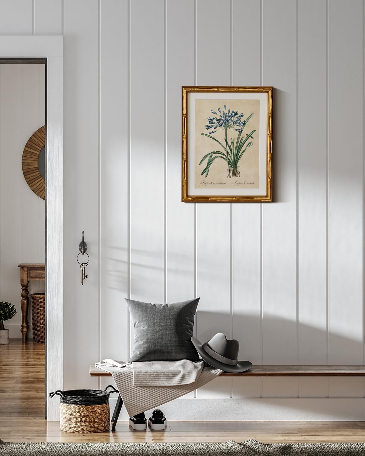 InSimSea Gold Bamboo Framed Canvas Wall Art, Retro Blue Hydrangea Botanical Prints, Antique Flowers Picture Frame with Mat, Victorian Home Wall Decor for Kitchen Living Room Bedroom, 11x14inch
