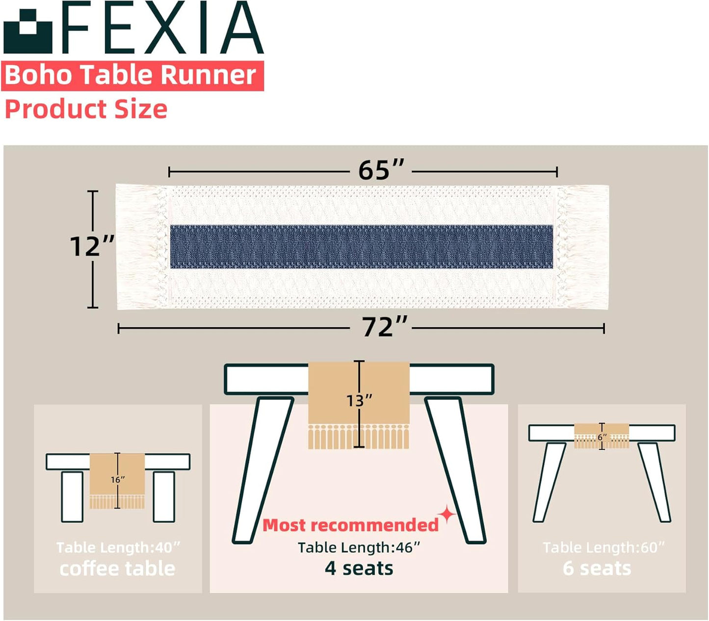 FEXIA Boho Table Runner for Thanksgiving Fall Christmas Home Decor with Tassels 72 Inches Long Pottery barn Furniture Farmhouse Rustic Macrame Burlap Table Decoration for Living Room (12x72 Inches)