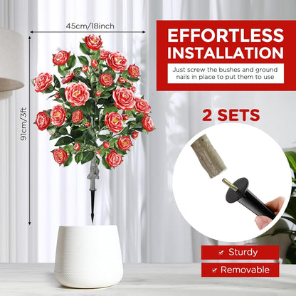 Lunmon 2 Pack 3ft Artificial Camellia Plants Tree 36" Faux Camellia Flower with Spike UV Resistant Realistic Fake Floral Blooming Bush for Indoor Outdoor Front Door Porch Backyard Garden, Purple