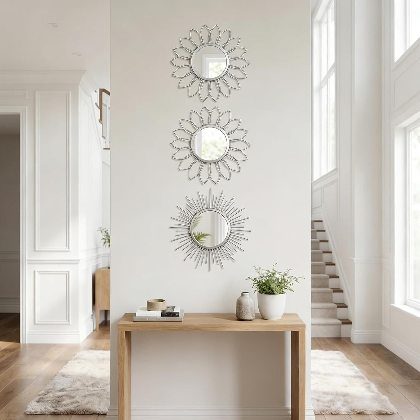 Boho Sunburst Wall Mirror Set of 3, 12 Inch Round Antique & Modern Metal Wall Art, Hanging Over The Door Mirrors for Wall Decor in Living Room, Bedroom, Bathroom, Entryway（Gold）