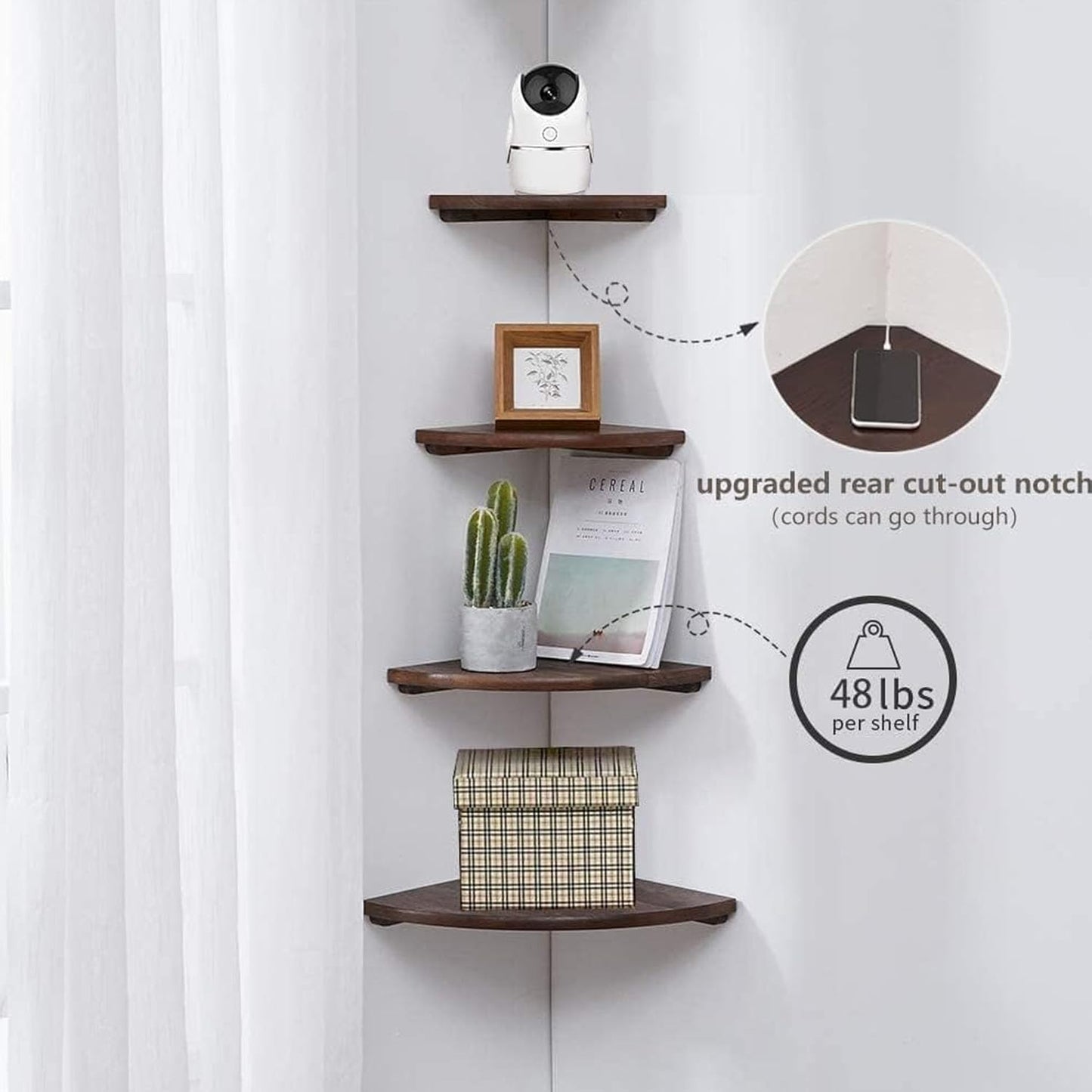 Corner Shelves, Floating Corner Shelf, Set of 2 7inch Solid Oak Wood Wall Shelves, Round End Wall Mount with Wire Hole Shelving for Small Plant for Bedroom Kitchen, Living Room